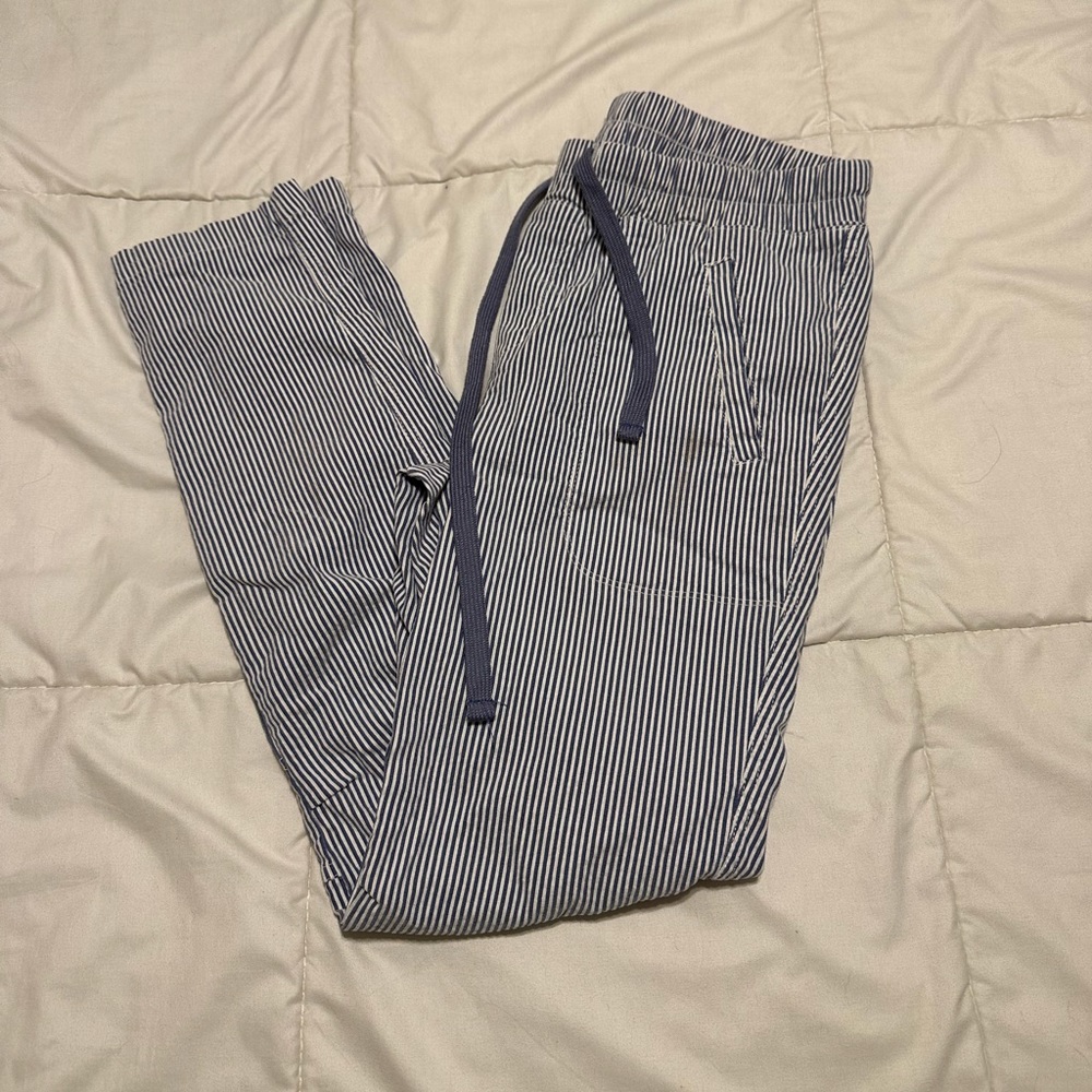 White and blue striped pants